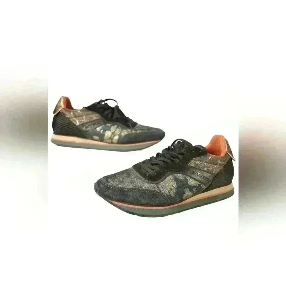ETRO Green Gold Cheetah Metallic Suede Nylon Sneakers Leopard Print 8US  Italy